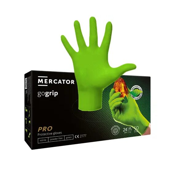 Mănuși nitril premium verzi, MERCATOR Gogrip Green, textură 3D, ultra-rezistente