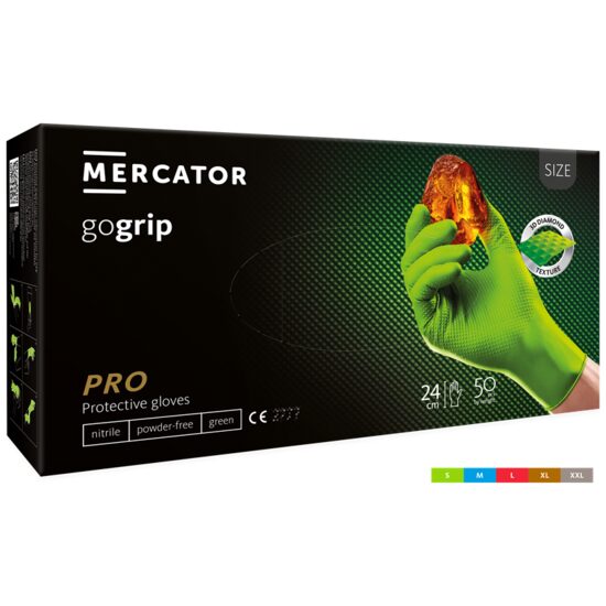 Mănuși nitril premium verzi, MERCATOR Gogrip Green, textură 3D, ultra-rezistente