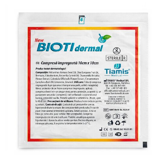 Compresă impregnată Biotidermal 10x10 cm, sterilă, pentru răni și arsuri minore