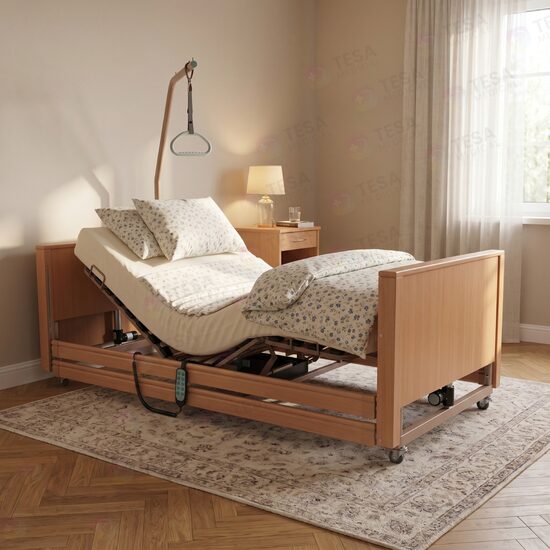Pat electric medical spital / bolnavi, Libra LOW, somieră din lemn, cu 5 funcții, reglaj înălțime 21-62cm, cu laterale, 811243