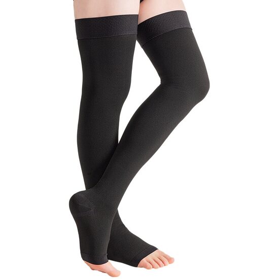 Ciorapi compresivi medicali până la coapsă Duomed AG Clasa 1, fără vârf, cu bandă silicon, negru