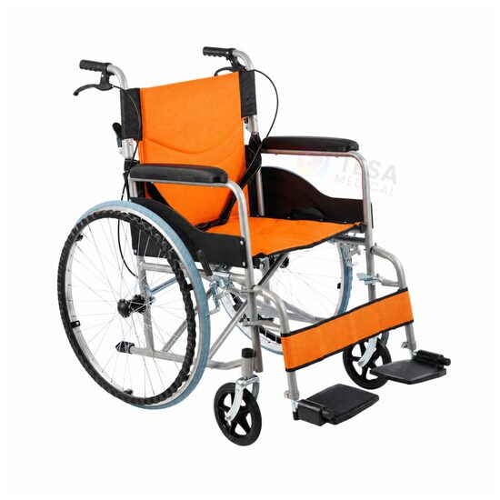 Scaun cu rotile pliabil din oțel cu frâne și suporturi pentru picioare, șezut 46 cm, max. 120 kg, TMS 202 Portocaliu