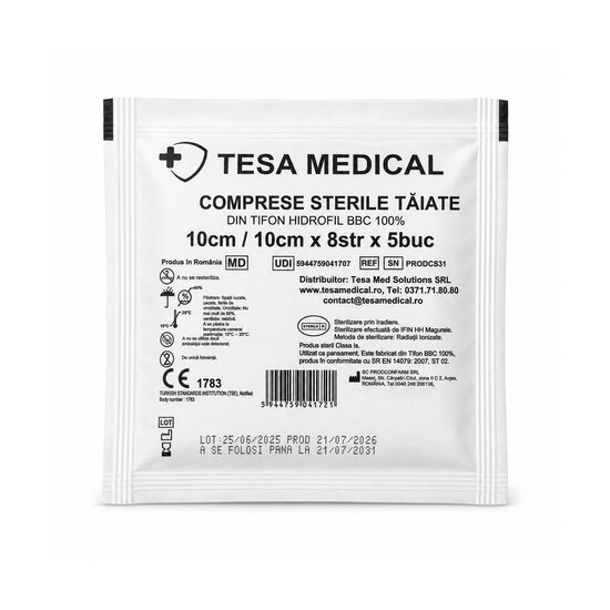 Comprese sterile din tifon hidrofil BBC 100%, 10 x 10 cm, 8 straturi, 5 bucăți