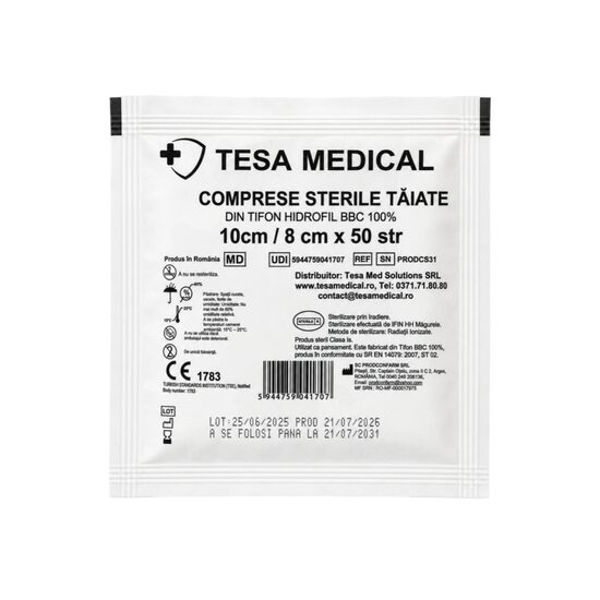 Comprese sterile tăiate 10 x 8 cm, 50 straturi, tifon hidrofil BBC 100%