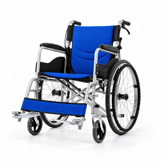 Scaun cu rotile pliabil din oțel cu frâne și suporturi pentru picioare, șezut 45 cm, max. 100 kg, TMS 202L LAVO, Albastru