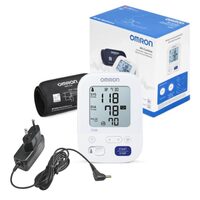 Pachet Tensiometru automat Omron M3 Comfort model 2020 + Adaptor Inclus, Afisaj LCD, Functie de memorare pentru 2 utilizatori, Alb