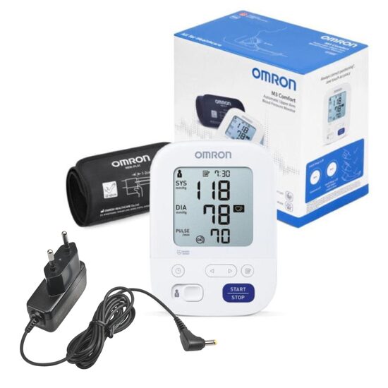 Pachet Tensiometru automat Omron M3 Comfort model 2020 + Adaptor Inclus, Afisaj LCD, Functie de memorare pentru 2 utilizatori, Alb