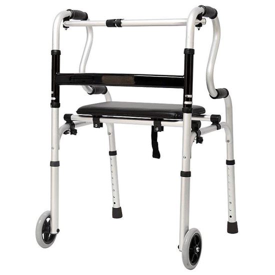 Cadru de mers pliabil, curbat, cu roti si sezut, ajustabil pe inaltime, din aluminiu, CMZ 8207LS