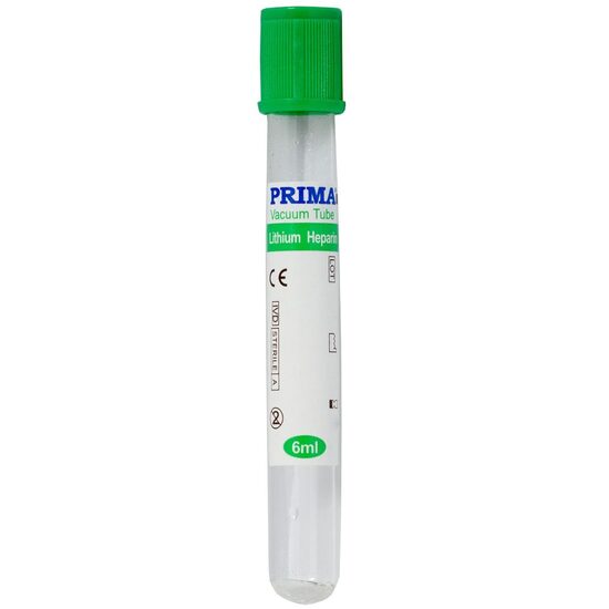 Vacutainer cu litiu Heparina PRIMA, 6 ml, capac verde, unică folosință - 1 bucată